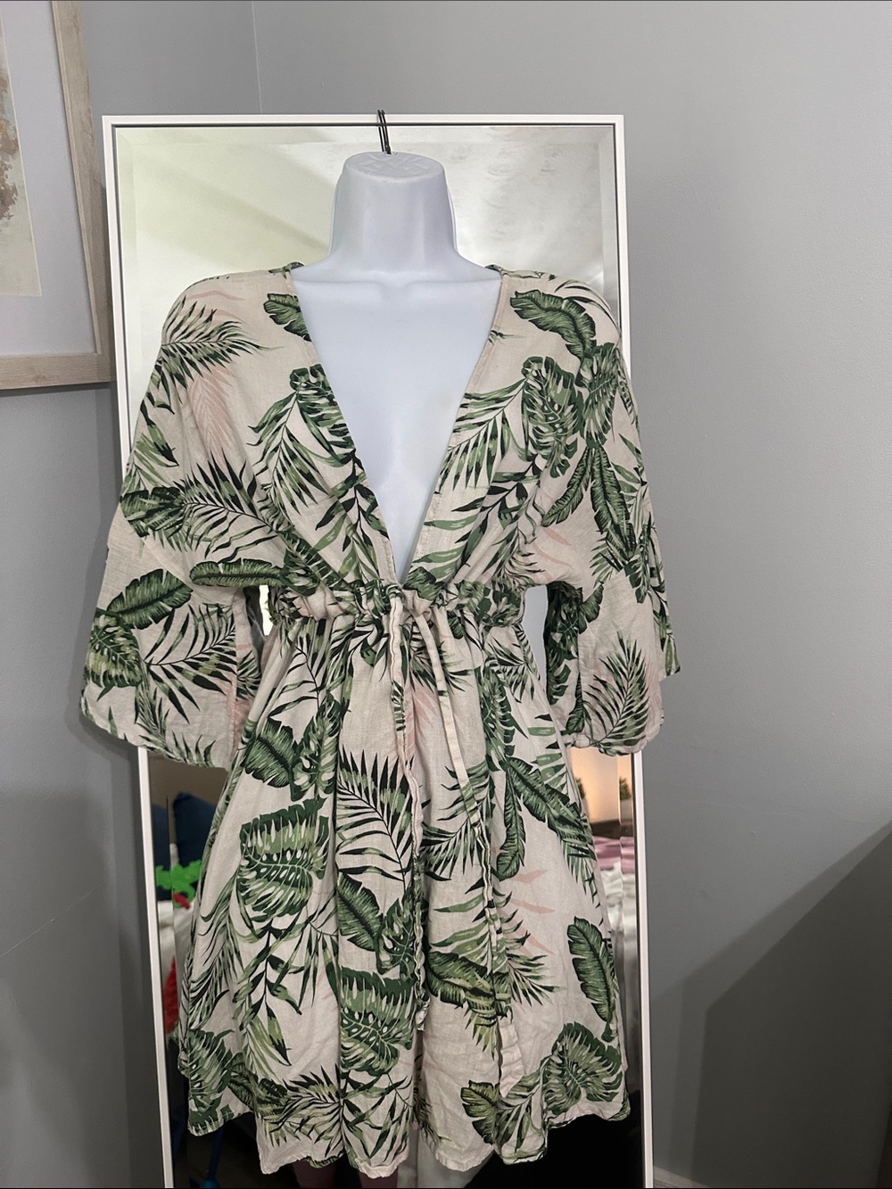 C&C California Cream Mini Dress Linen coverup with Green Tropical Leaf Print